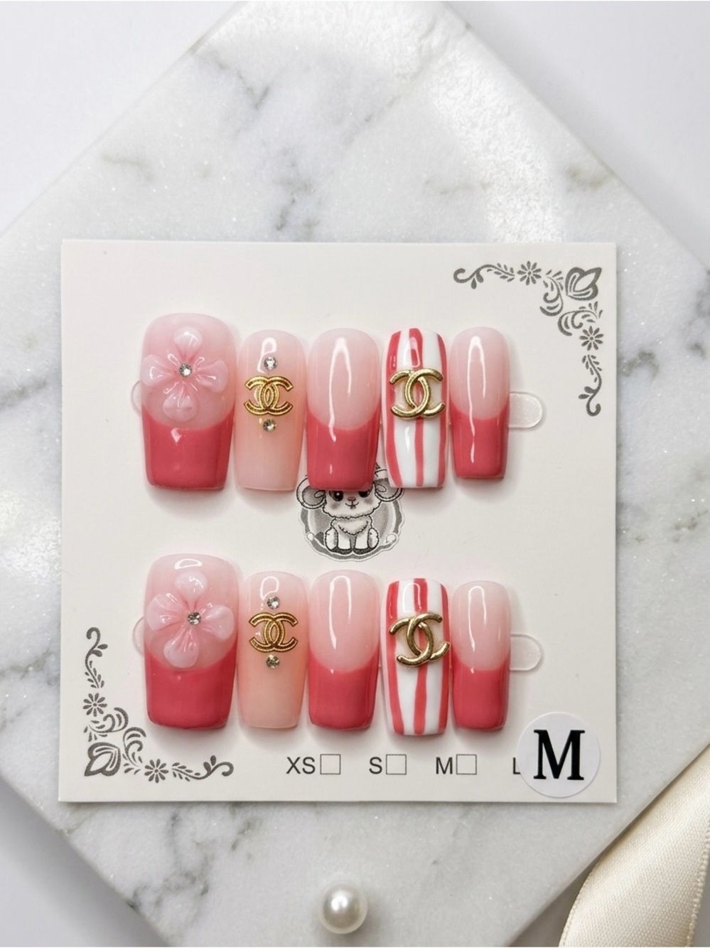 Pink Ombre & Striped Press-On Nails with Gold Logo Accents
